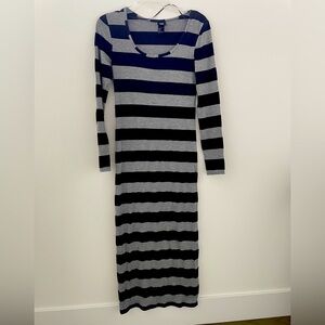 H&M scoop neck rugby stripe stretch midi dress, size S, navy/grey
